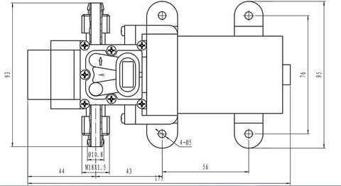 Technical diagram of DC 24V Fresh Water High Pressure Diaphragm Pump With Built In Pressure Switch, showing dimensions and details.