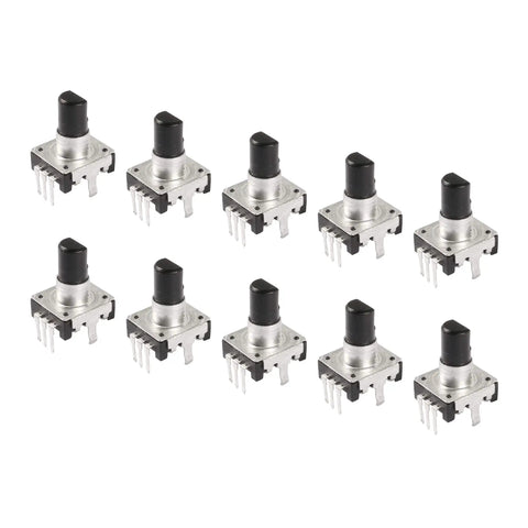 Ten-pack of 360 Degree Rotary Encoder Code Switch Digital Potentiometers with Five Pins, compact size, 6mm D Type Shaft, 24 Pulses, 5V.