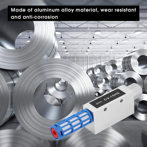 Aluminum Alloy Air Ejector Vacuum Generator CV-15HS among metal rolls, showing compact design and pro-grade reliability.
