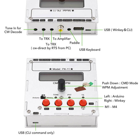 K3NG Keyer CW Morse Code Controller in aluminum alloy enclosure with USB keyboard, rotary encoder, and LCD display for ham radio.