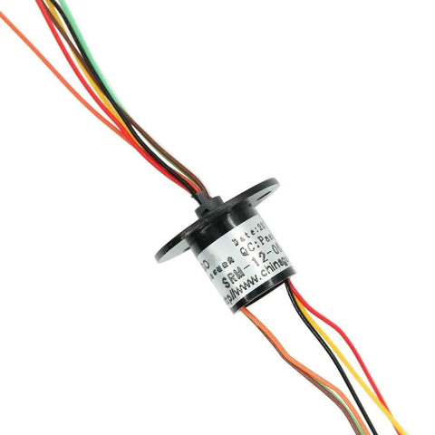 12.5mm Capsule Slip Ring, 6 Wires, 300 RPM, AC 240V, shown with multicolored wires, maintenance-free, for monitors and robotic systems.