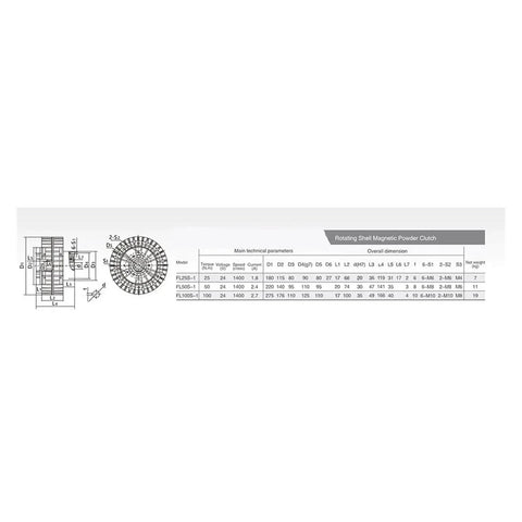 Technical diagram of External Rotary Magnetic Particle Brake, 2.5Kg Capacity, FLS-1 Series ZA-2.5A1 with specifications chart.