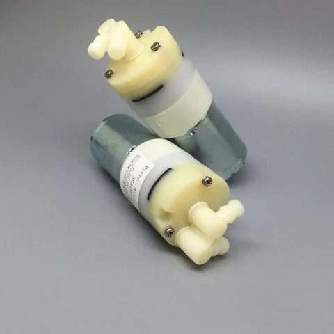 Compact Self Priming Diaphragm Micro Pump For 5V 6V 9V And 12V Systems, featuring 370 motor, shown with plastic and metal housing.