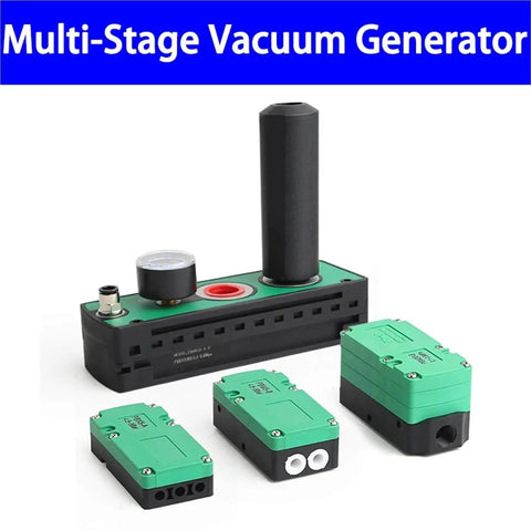 Compact Mini Multi Stage Vacuum Generator with energy saving design, shown with PBX and PBM series compatibility on shop floor equipment.
