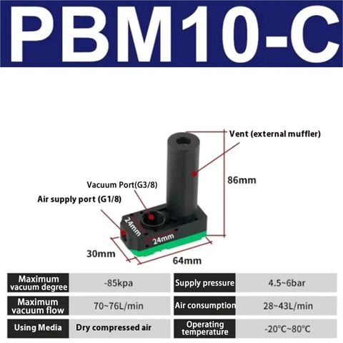 Compact Mini Multi Stage Vacuum Generator for shop floor shown with dimensions and specifications, compatible with PBM10-C model.