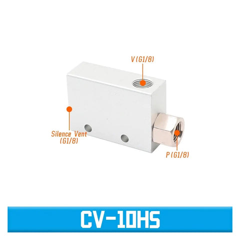Compact Pneumatic Vacuum Generator CV10HS with air exhaust ejector and negative pressure control valve, side view in white.