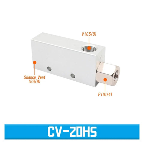 Pro-Grade Vacuum Ejector With Air Exhaust Valve For Pneumatic Systems CV-20HS side view with labeled vents and ports
