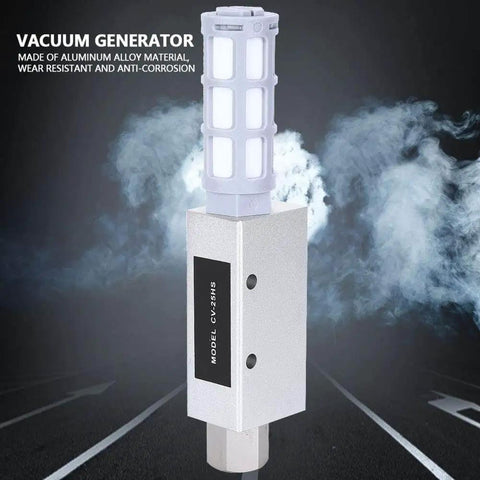 Venturi Vacuum Generator For Pneumatic Systems And Air Compressors CV-25HS, compact aluminum alloy design, shown with airflow effect.