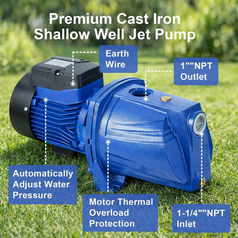 Convertible Well Jet Pump For Shallow To Deep Wells Cast Iron Construction With Ejector Kit Built Tough For 25 To 90 Feet Dual Voltage 115V And 230V Automatic Pressure Switch 1HP Powerhouse For Irrigation Or Lawn Sprinklers Blue