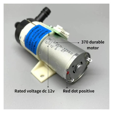 Cordless 12V diaphragm water pump with 8mm orifice metering flow, compact transfer pump labeled with specifications.