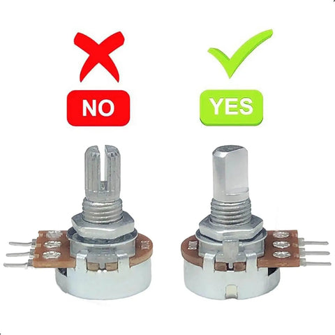 Set Of 10 D Type Potentiometer Knobs For 6mm Shafts, showing correct type of shaft for use with product, black, 16 x 18mm