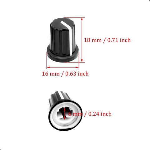 Set of 10 D Type Potentiometer Knobs for 6mm Shafts, black plastic, shown with dimensions 16 x 18mm, top and bottom view
