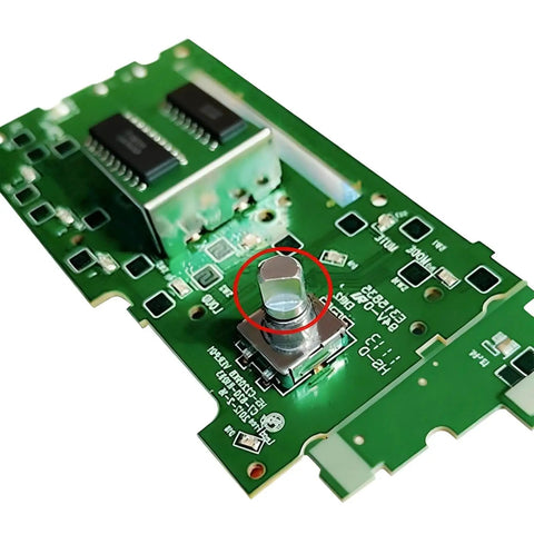 Close-up of circuit board with focus on 6mm D-Type shaft for 12 Pack 6mm D Type Potentiometer Knobs For Potentiometers And Encoders Black Plastic Rotary Knobs.