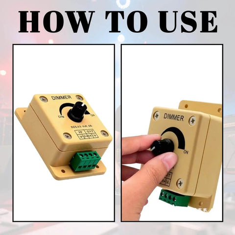 Dimmer switch demonstration showing installation and use, beige box with black knob and green wiring terminal labeled 'DIMMER'. 