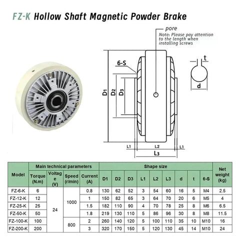 Diagram of FZ-K Hollow Shaft Magnetic Powder Brake with technical specifications table, showcasing design details and model parameters.