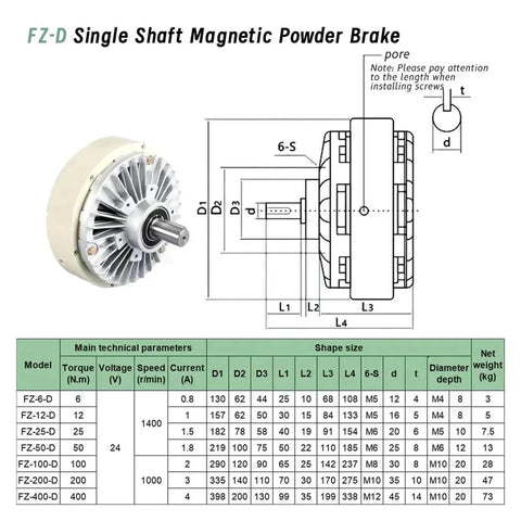 Magnetic Powder Brake DC24V For Textile And Packaging Unwinders technical diagram with measurements and specifications table