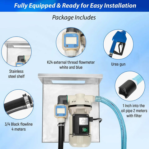 Upgraded DEF Transfer Pump Kit components including K24 flow meter, urea gun, stainless shelf, and hoses for trucks and tractors