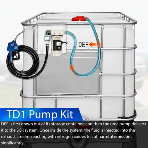 Upgraded DEF Transfer Pump Kit Delivers 10 GPM Flow With 110V AC 550W Electric Urea Pump shown on cube tank with hoses.