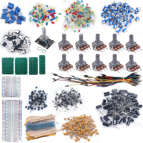 2016-Piece Electronics Component Kit Assortment with potentiometers, rotary encoders, resistors, capacitors, diodes, LEDs, and breadboard.