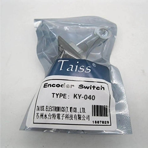 Packaged KY-040 encoder switch with enclosure, labeled as type KY-040 from TAISS Electronics, featuring aluminum knob cap.