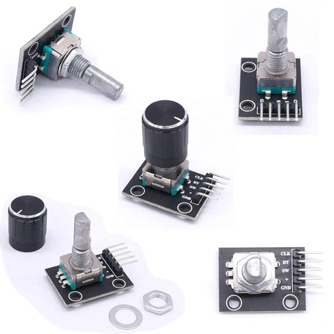Five Pack KY-040 Rotary Encoder Modules With Aluminum Knob Caps, 15x16.5 mm, 5V, counts pulses in both directions, great for DIY projects.