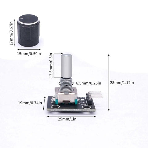 Five Pack KY-040 Rotary Encoder Modules With Aluminum Knob Caps, 15x16.5 mm, 5V, shown with dimensions for DIY projects.