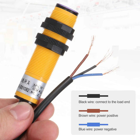 Diffuse Reflection Photoelectric Sensor With 10 Cm Range M18 Size 6 To 36 V DC Power NPN NC Output 3 Wire Setup Includes Mounting Bracket