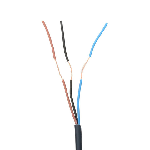 Close-up of exposed copper wires in a cable, showing black, brown, and blue wires for connection in industrial automation setup