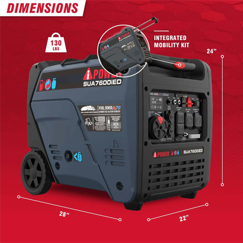 Dual Fuel Portable Inverter Generator With Electric Start, 7,600 Starting Watts And 6,100 Running Watts On Gas, 24x22x28 inches