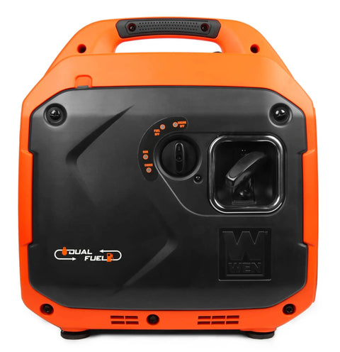 Front view of orange and black Ultra Quiet Dual Fuel Portable Inverter Generator For RV Power On The Go, 3600 Surge Watts Gas Or 3500 Surge Propane.