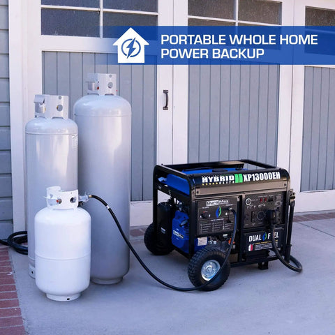 XP13000EH Dual Fuel Portable Generator With 13,000 Watts next to propane tanks, suitable for home backup and outdoor use.