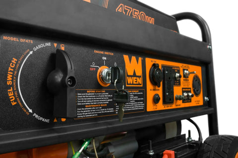 Close-up of control panel on Dual Fuel Portable Generator With 4750 Surge Watts And 3800 Running Watts, electric start and wheel kit.