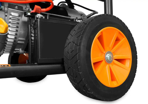 Close-up of wheel on Dual Fuel Portable Generator With Electric Start And Wheel Kit, 457cc OHV Engine, 11,000-Watt Gasoline Peak