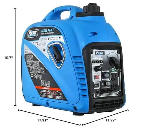 Side view of blue Dual Fuel Portable Quiet Inverter Generator with USB Outlet and Parallel Capability showing controls and outlets