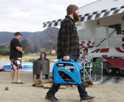 Man carrying Dual Fuel Portable Quiet Inverter Generator With USB Outlet And Parallel Capability, 2,200W Peak, in a camping setting