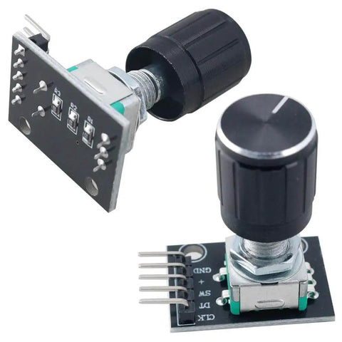 Two Pack 360 Degree Rotary Encoder Module KY040 With Knob Cover, Black, Compact 31x19x29mm, 5V Operation, 20 Pulses Per Turn