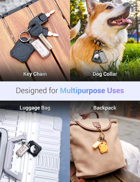 Air Tag Holder With Durable Hard Shell Case on keychain, dog collar, luggage, and backpack for versatile attachment