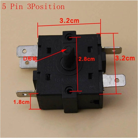 Rotary Encoder Switch 5 Pin 3 Position 2 Position Selector for Appliances AC 250V 16A shown with dimensions on beige background