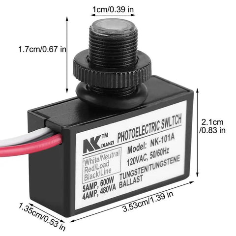 Dusk To Dawn Outdoor Light Sensor Switch showing dimensions and specs, 120VAC 50 60Hz, works with LED incandescent halogen fluorescent lamps