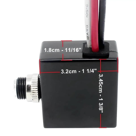 Side view of Dusk To Dawn Photoelectric Light Switch No Fuss 120V AC Automatic Photocell Sensor with dimensions and three-wire setup