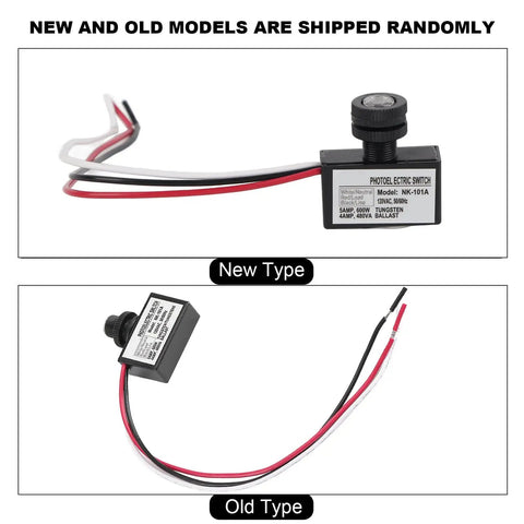 Dusk To Dawn Photoelectric Switch For Outdoor Lighting 120V AC shown in new and old models, hard wired with sensor, black finish.