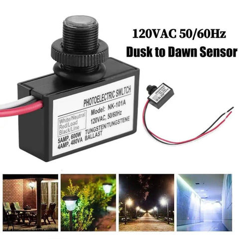 Dusk To Dawn Photoelectric Switch For Outdoor Lighting 120V AC hard wired auto on off sensor weatherproof plastic post eye, image shows the switch and examples of use.