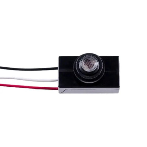 Three Way Photoelectric Switch Eye Photocell Sensor with black plastic housing and wires for lamps and lighting dusk to dawn use