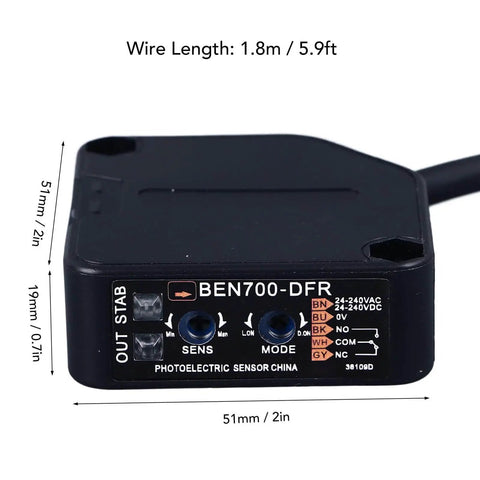 Close-up of Dusk To Dawn Photoelectric Beam Sensor with diffuse infrared proximity switch, showing dimensions and wiring length.