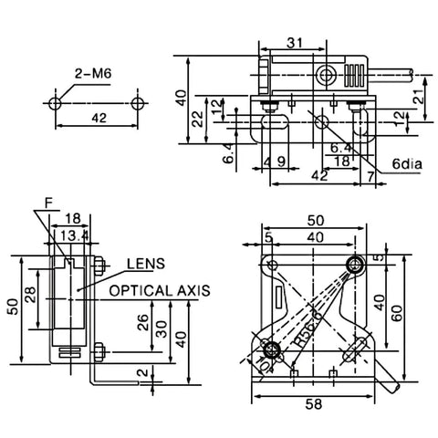 Technical diagram of E3JK DS30M1 Photoelectric Sensor Switch 12 To 24 V DC Diffuse Type with 30 cm range and sensitivity adjuster