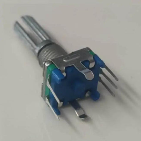 Close-up of Six Pack EC11 Rotary Encoder with Push Button, showing five pins and detailed structure for precise tactile control.