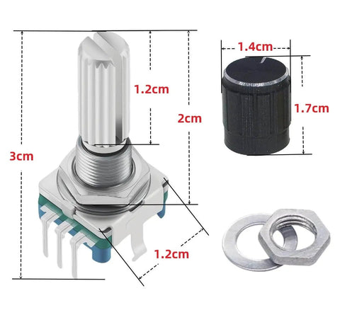 Six Pack EC11 Rotary Encoder With Push Button 360 Degree Rotation, Five Pins, Knob Caps shown with measurement dimensions