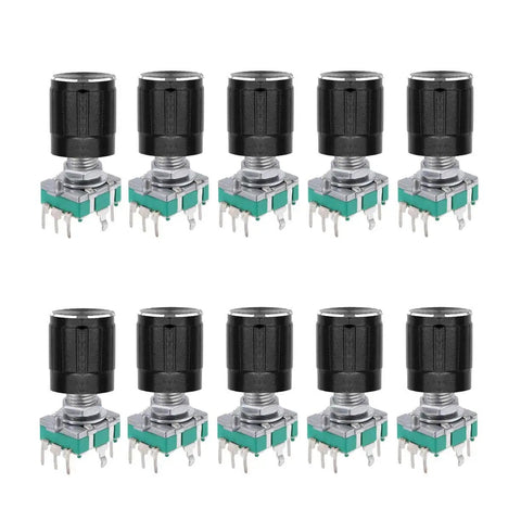10 Pack 7 Pin 20mm EC11 Rotary Encoder With Code Switch And Caps 360 Degree Digital Potentiometer 5V Logic Momentary Shaft Blue Metal And Plastic Build Great For DIY Electronics Projects