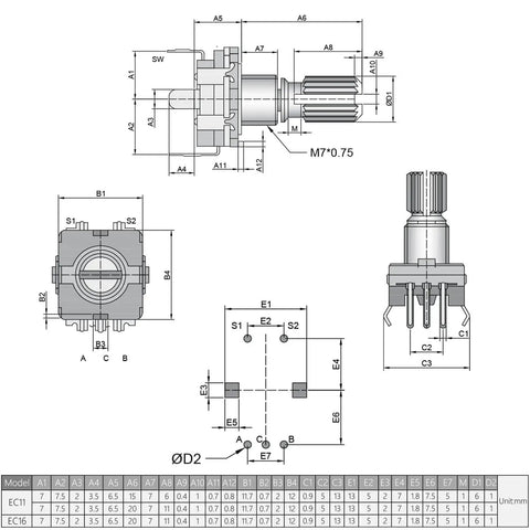 Technical diagram of 10 Pack EC11 Rotary Encoder 360 Degree Code Switch With 7 Pins 15mm Shaft 5V DC 20 Pulse Per Revolution.