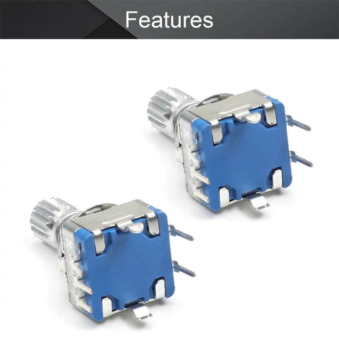 Close-up of two EC11 rotary encoders, 7 pins, 15mm shaft, for DIY Arduino Raspberry Pi projects, 10 Pack EC11 Rotary Encoder 360 Degree Code Switch